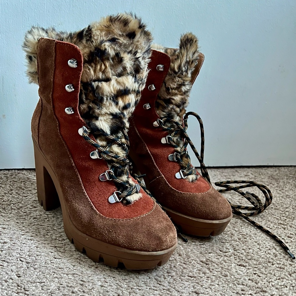 Brown Faux Fur Lace-Up Women's Boots